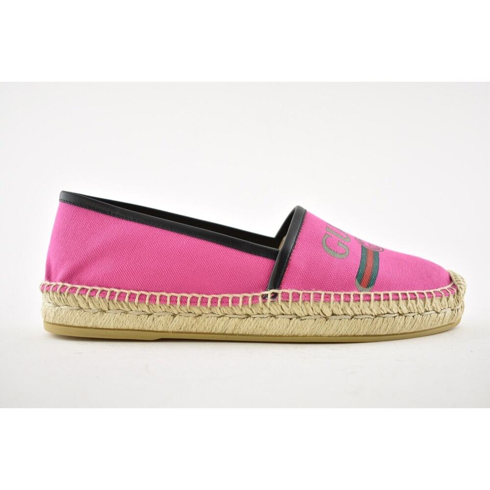 Gucci Pilar Pink Canvas Black Leather Trim GG Logo Print Flat Espadrilles 35.5 - Picture 3 of 12